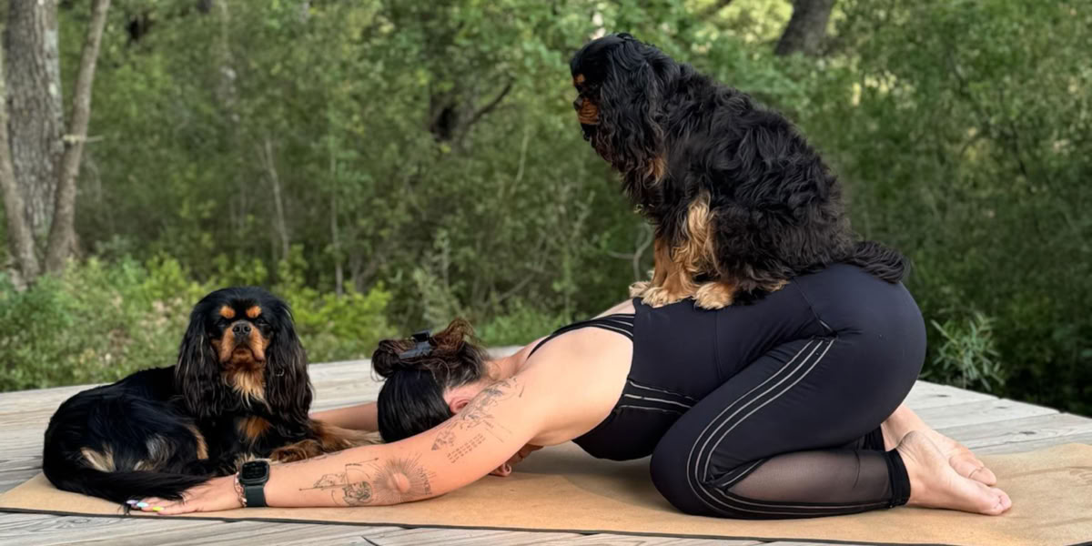 Une pratiquante se penche vers un chien noir et feu installé devant elle sur le tapis.