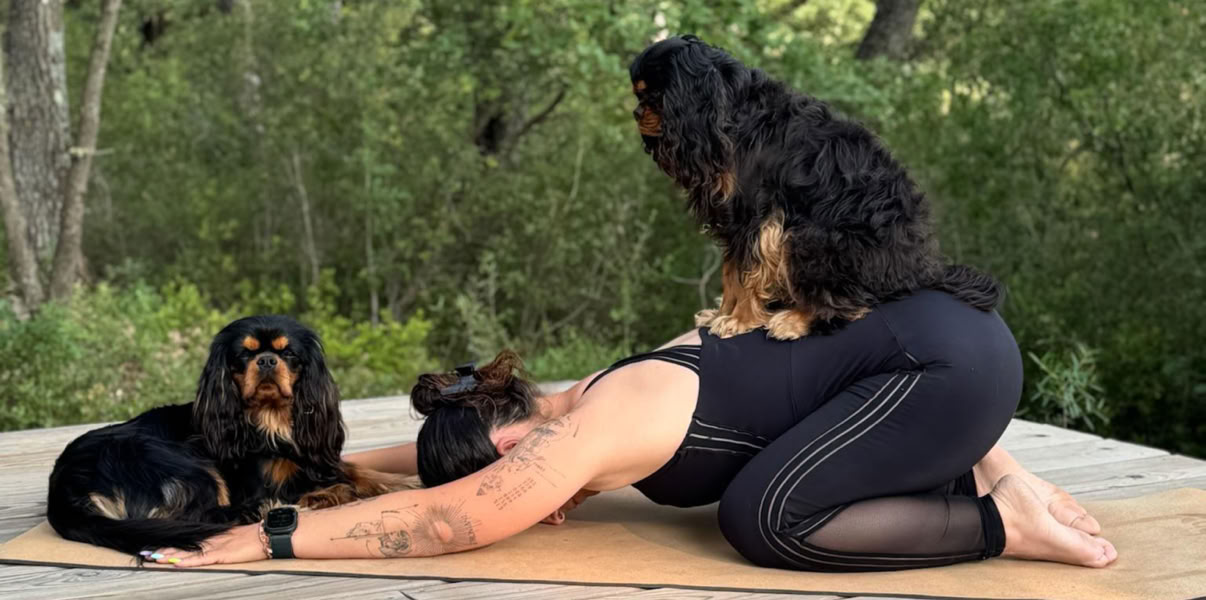 Femme en posture de l’enfant entourée de trois chiens sur une terrasse.
